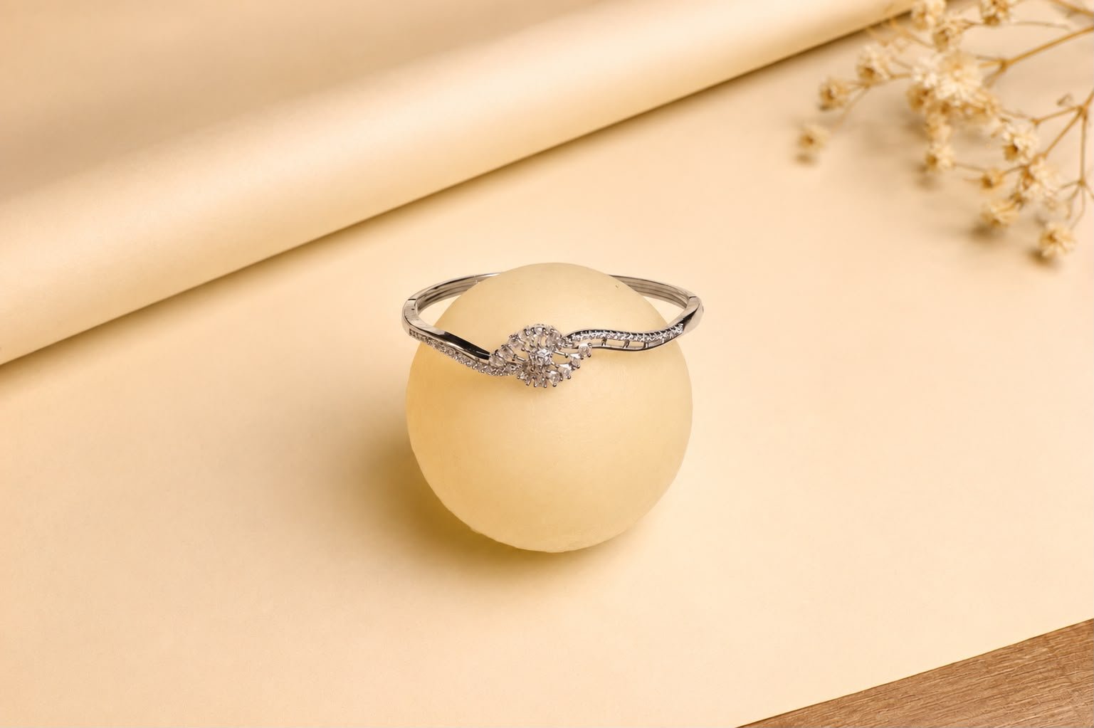 Silver Crystal Floral Open Cuff Bracelet