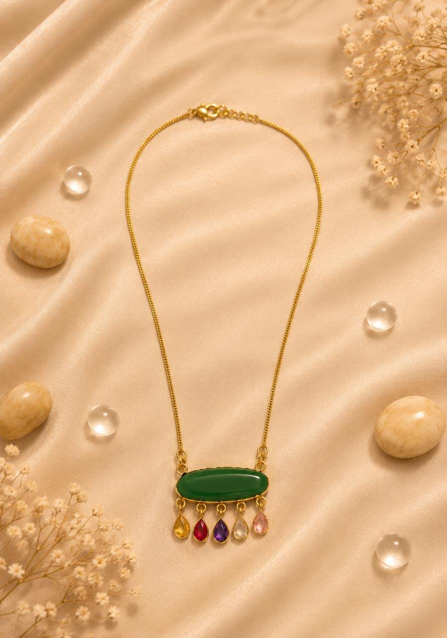 Emerald Luxe Gold Plated Multi-Charm Pendant Necklace | Green Stone Designer Necklace for Women and Girls