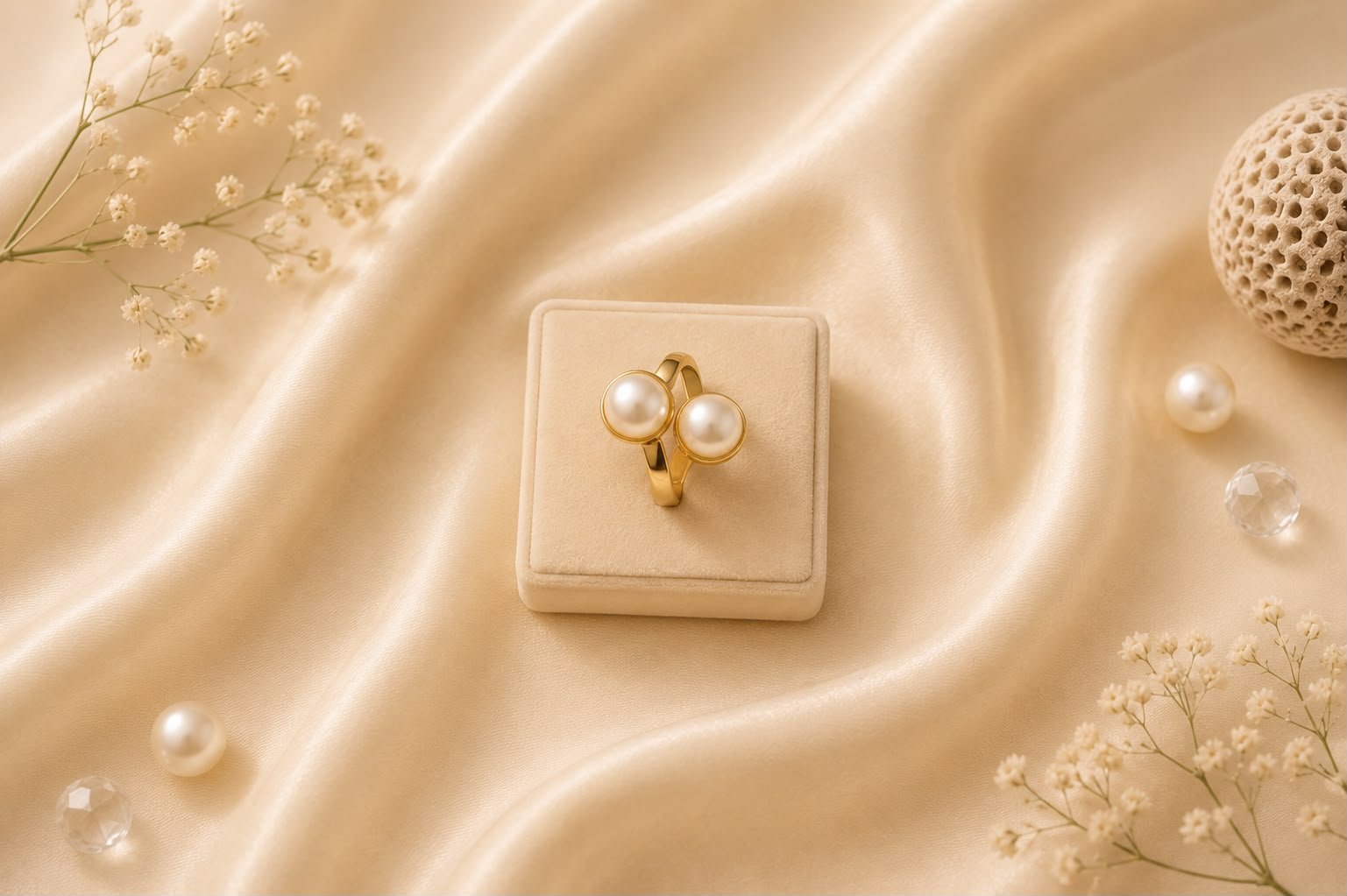 Premium Gold Plated Dual Pearl Adjustable Ring for Women and Girls