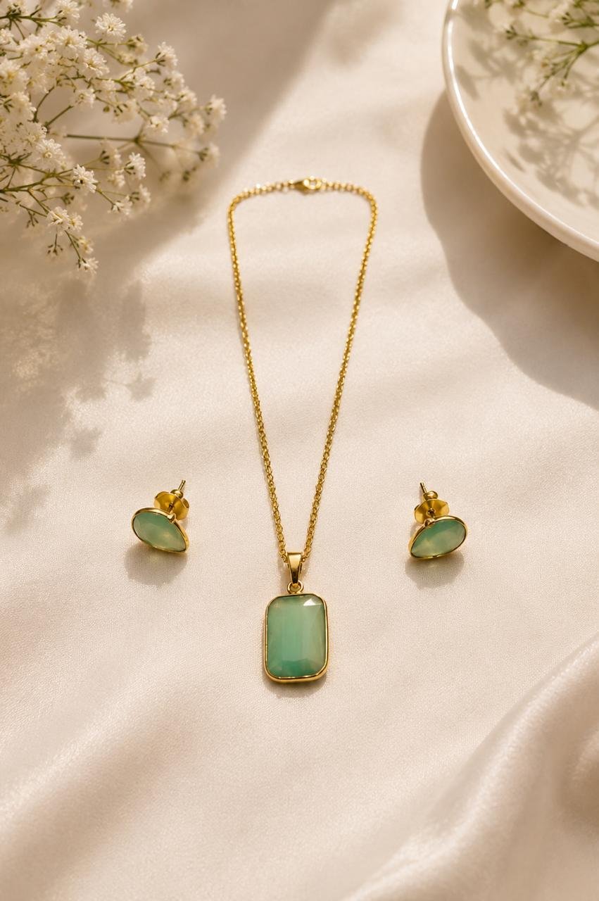 Mint Green Cat Eye Stone Gold Plated Pendant Set with Stud Earrings