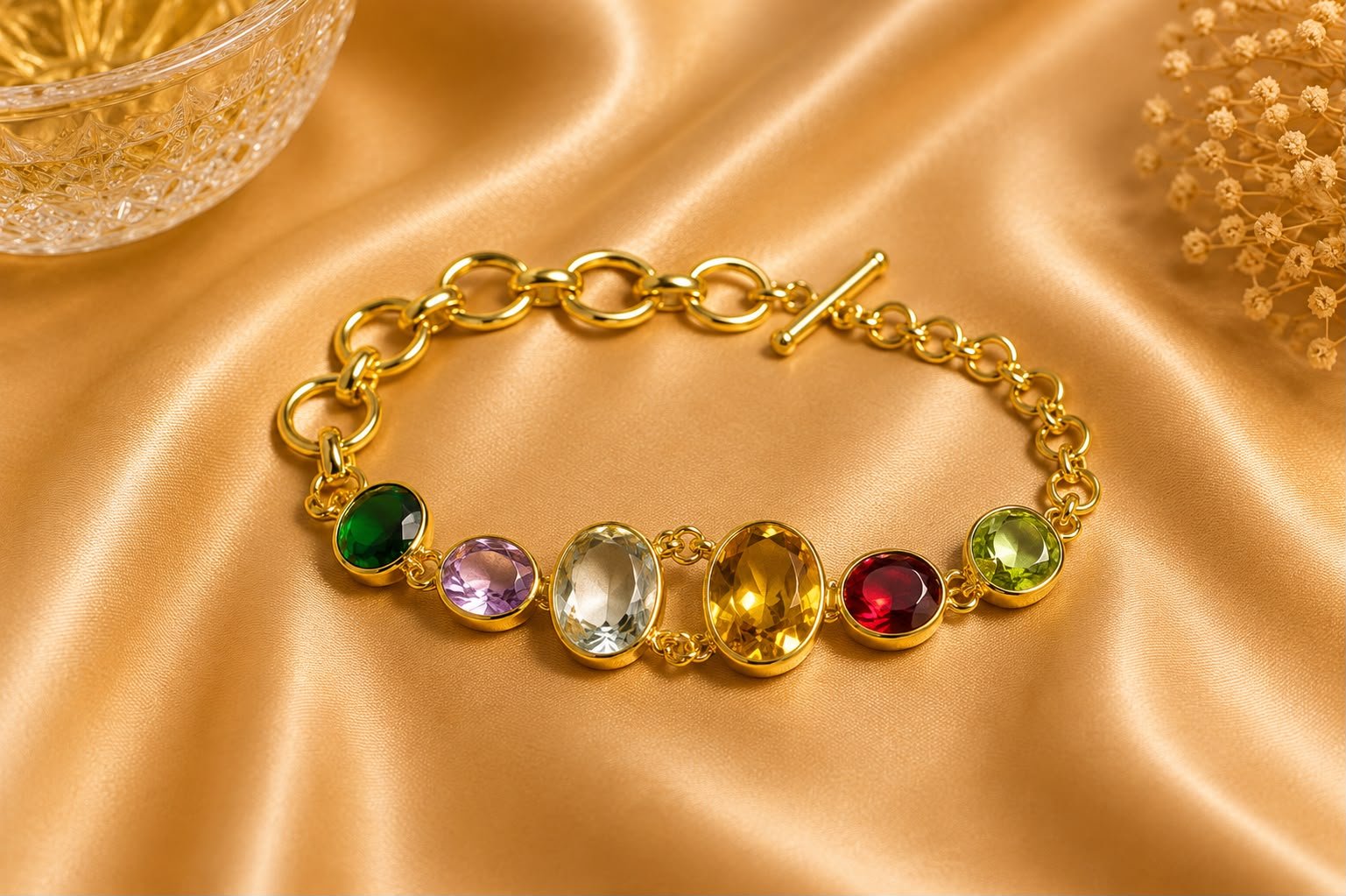 Multicolor Crystal Charm Bracelet for Women | Gold-Tone Adjustable Open Cuff Bracelet