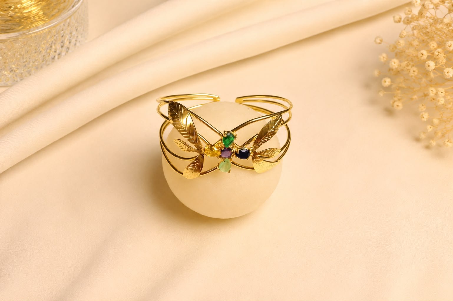 Emerald Laurel Gold-Tone Open Cuff Bracelet