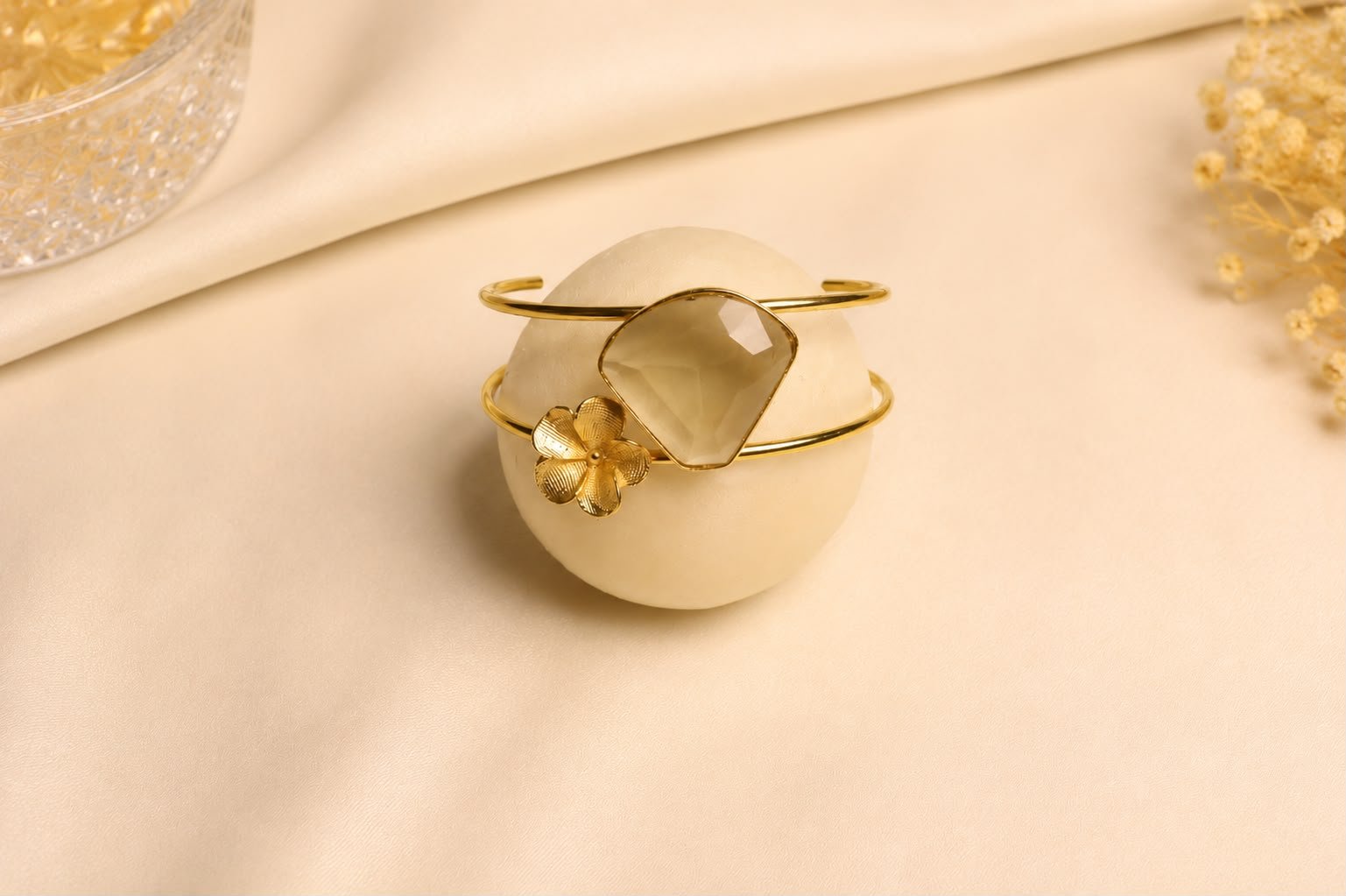 Golden Crystal Bloom Open Cuff Bracelet