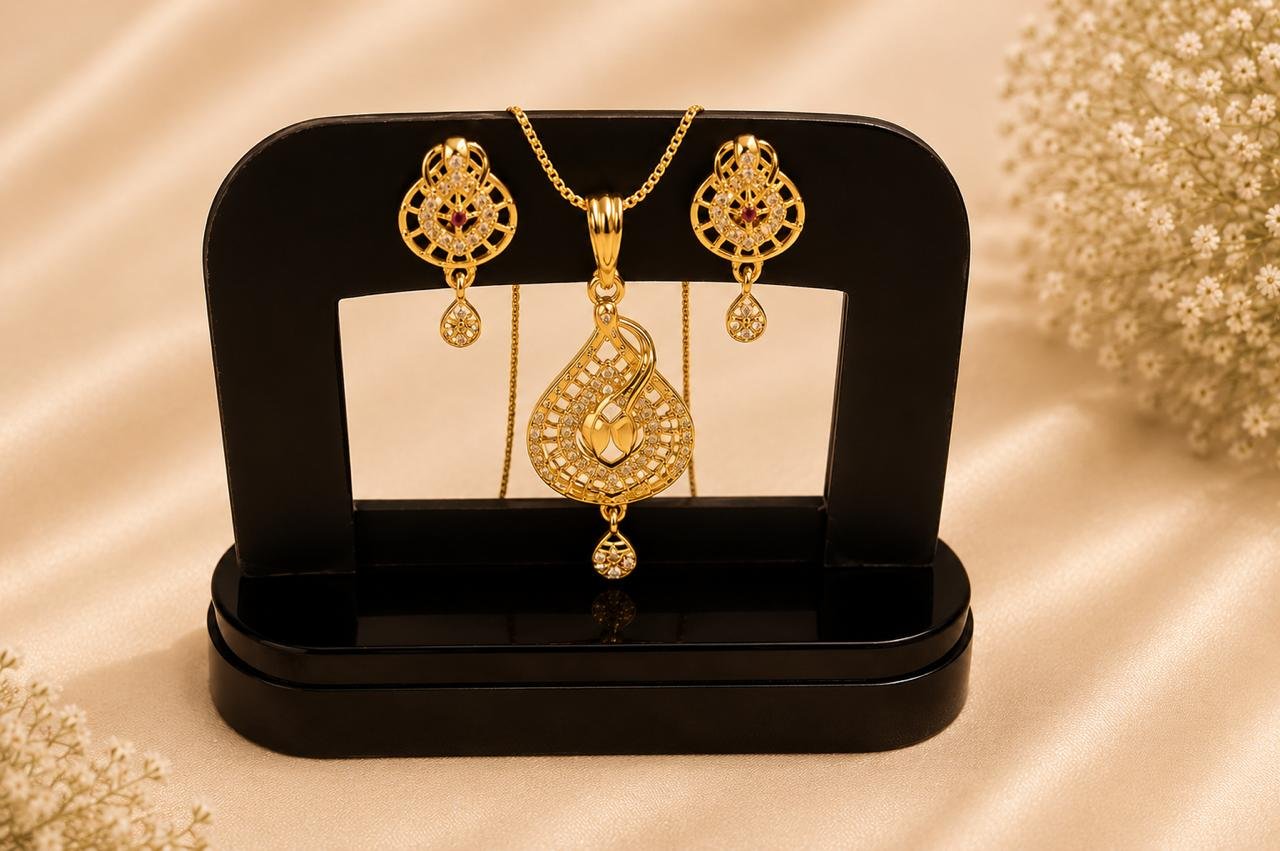 Royal Paisley CZ Gold Plated Pendant Set with Matching Earrings | Designer Traditional Pendant Necklace for Women and Girls
