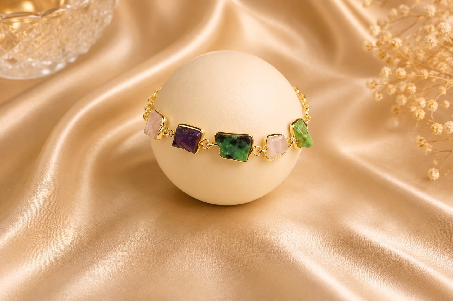 Natural Stone Charm Bracelet | Gold-Plated Real Gemstone Link Bracelet for Women