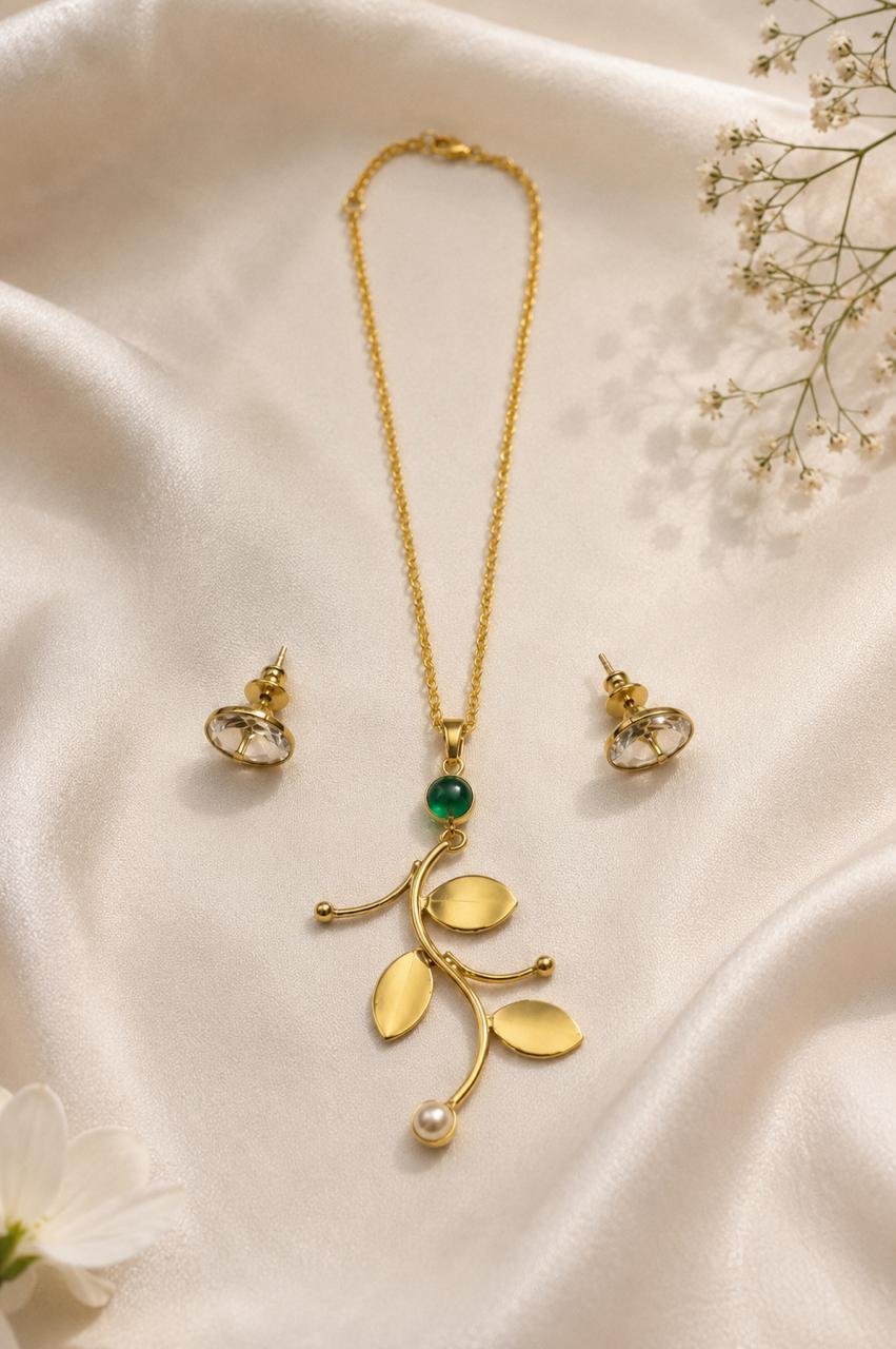 Emerald Stone Leaf Pearl Gold Plated Pendant Set with Crystal Stud Earrings
