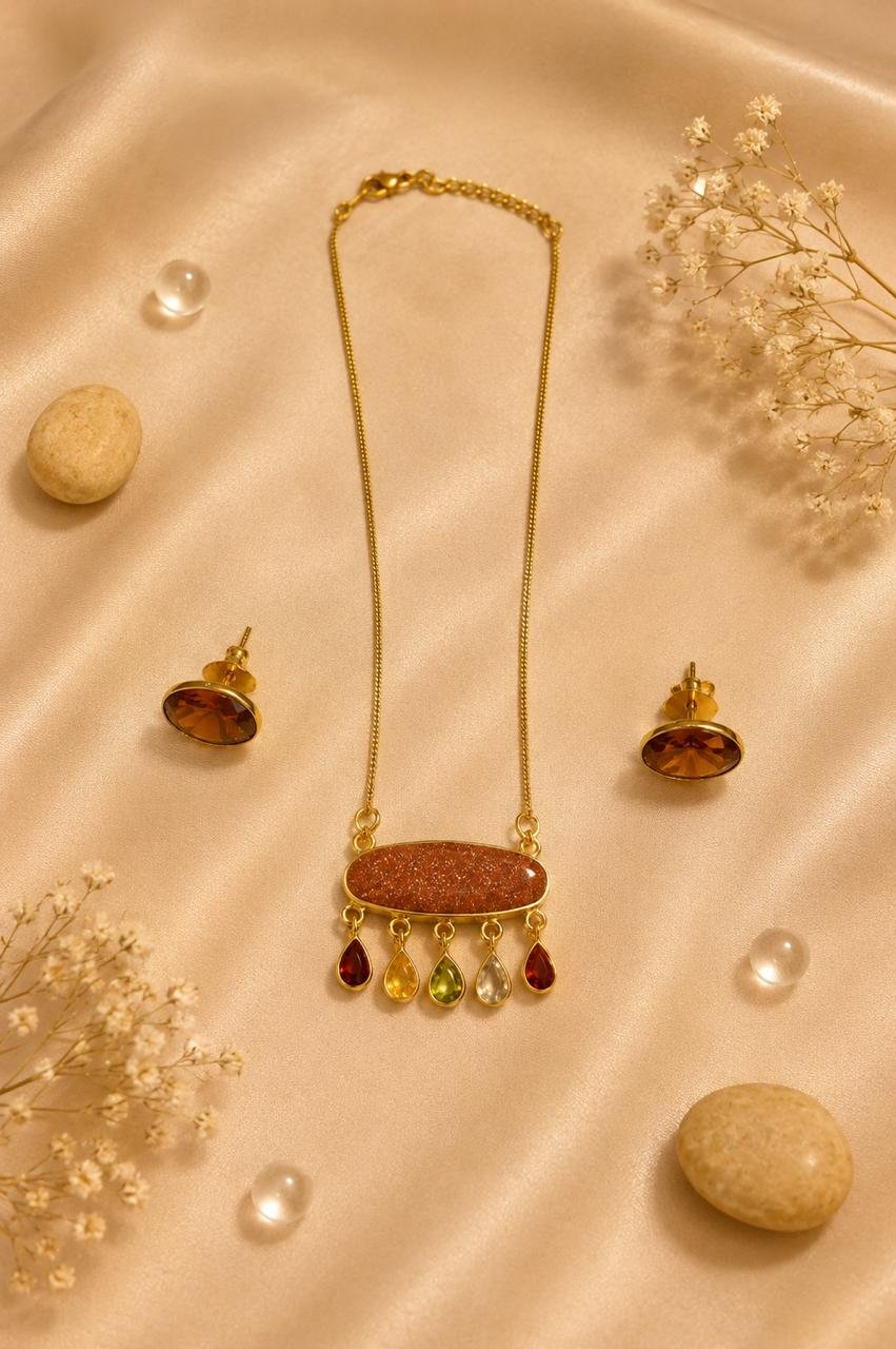 Rose Shimmer Gold Plated Pendant Necklace with Matching Crystal Stud Earrings
