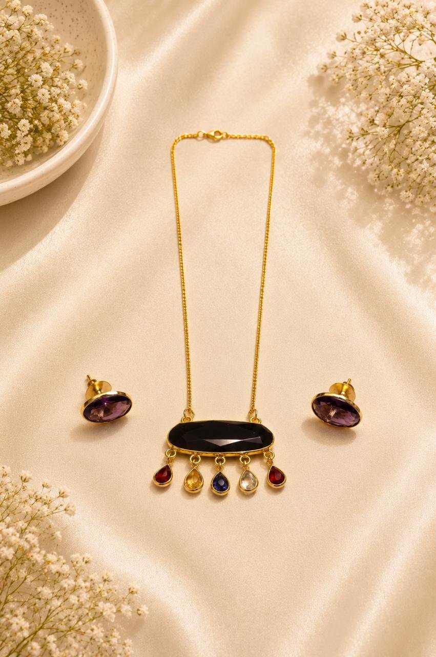 Midnight Charm Black Stone Gold Plated Pendant Necklace with Matching Stud Earrings