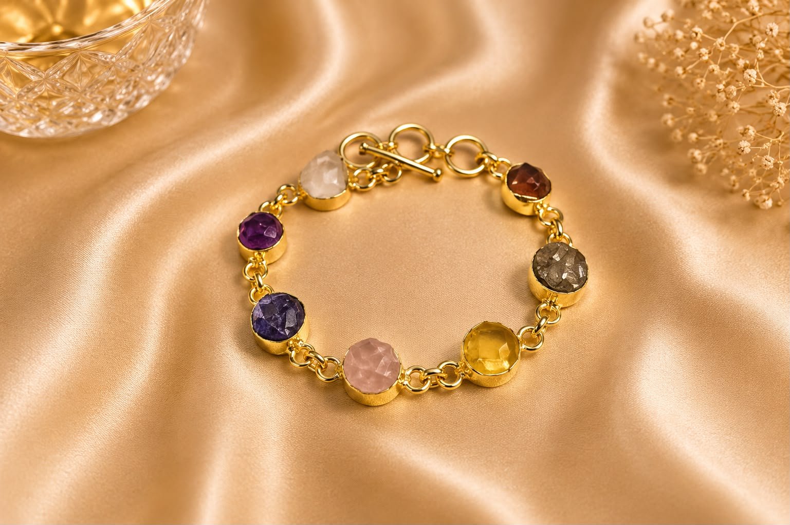 Natural Multi Gemstone Charm Bracelet | Gold-Plated Real Stone Link Bracelet for Women