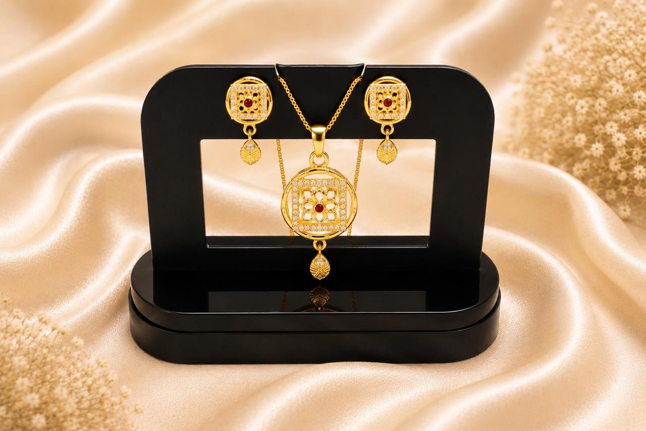 Royal Floral Halo Gold Plated Pendant Set with Matching Earrings | CZ Stone Designer Pendant Necklace for Women and Girls