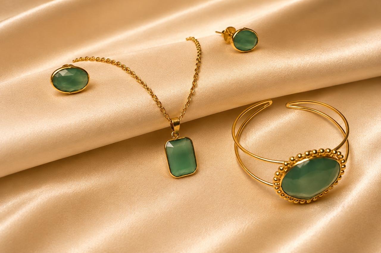 Sage Serenity Gold Plated 4-in-1 Jewellery Combo Set | Green Stone Pendant Necklace, Stud Earrings & Open Cuff Bracelet for Women and Girls