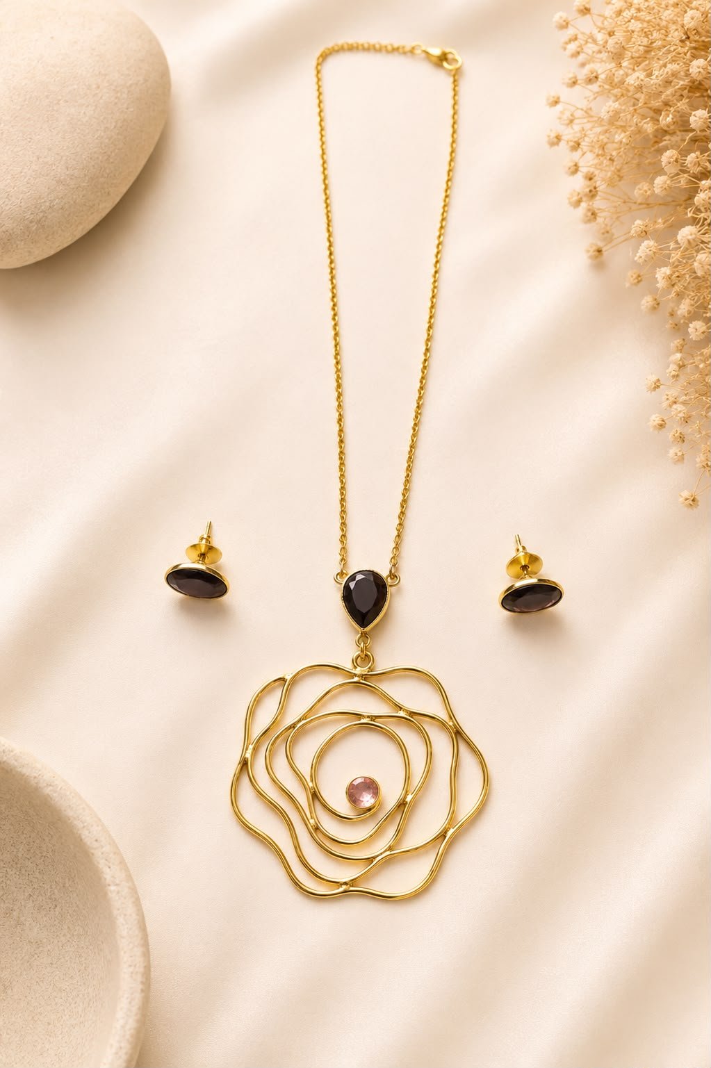 Noir Grace Gold-Tone Black Crystal Pendant Necklace Set