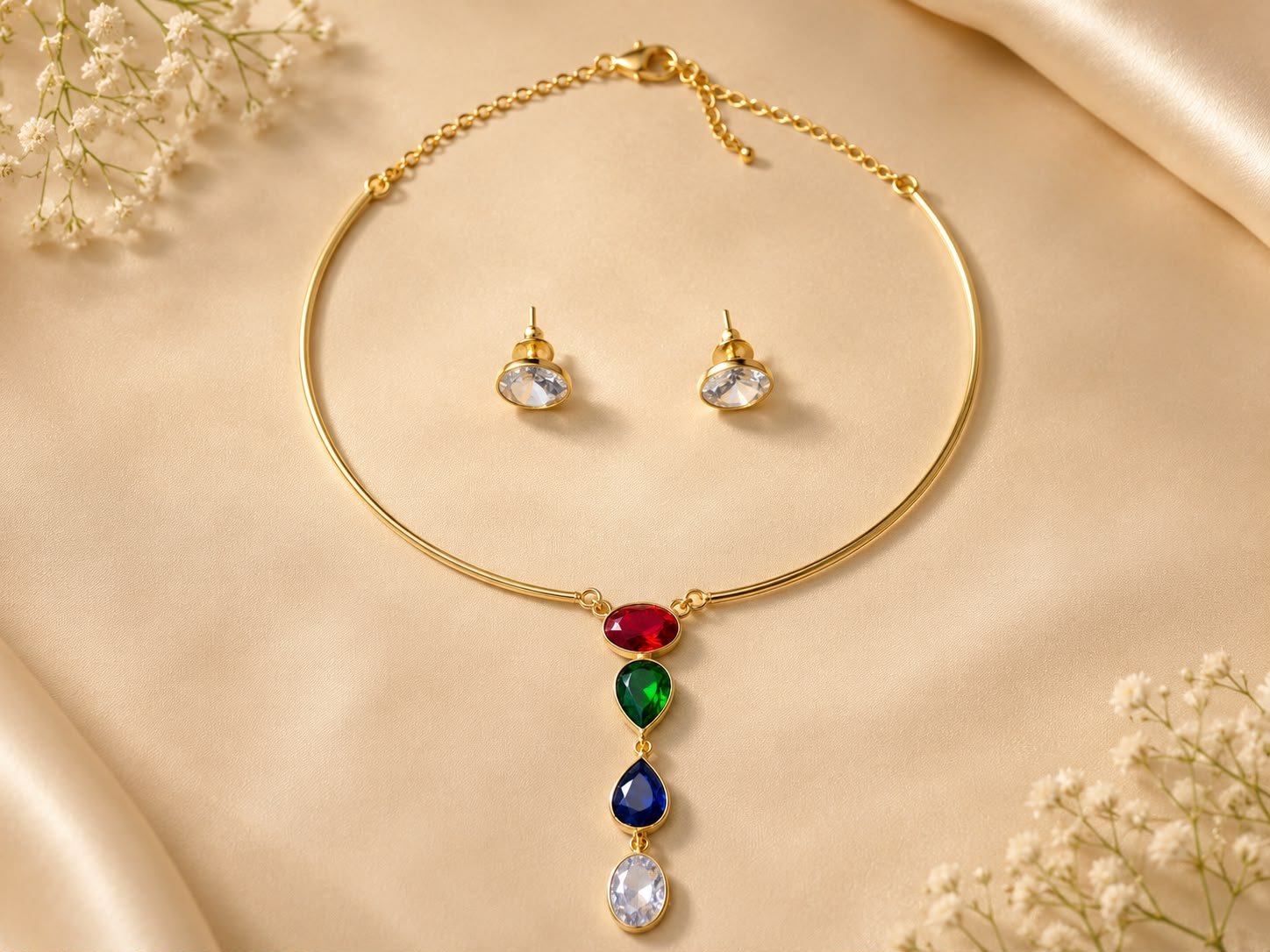 Prism Luxe Multicolor Party Wear Necklace Set with Crystal Stud Earrings