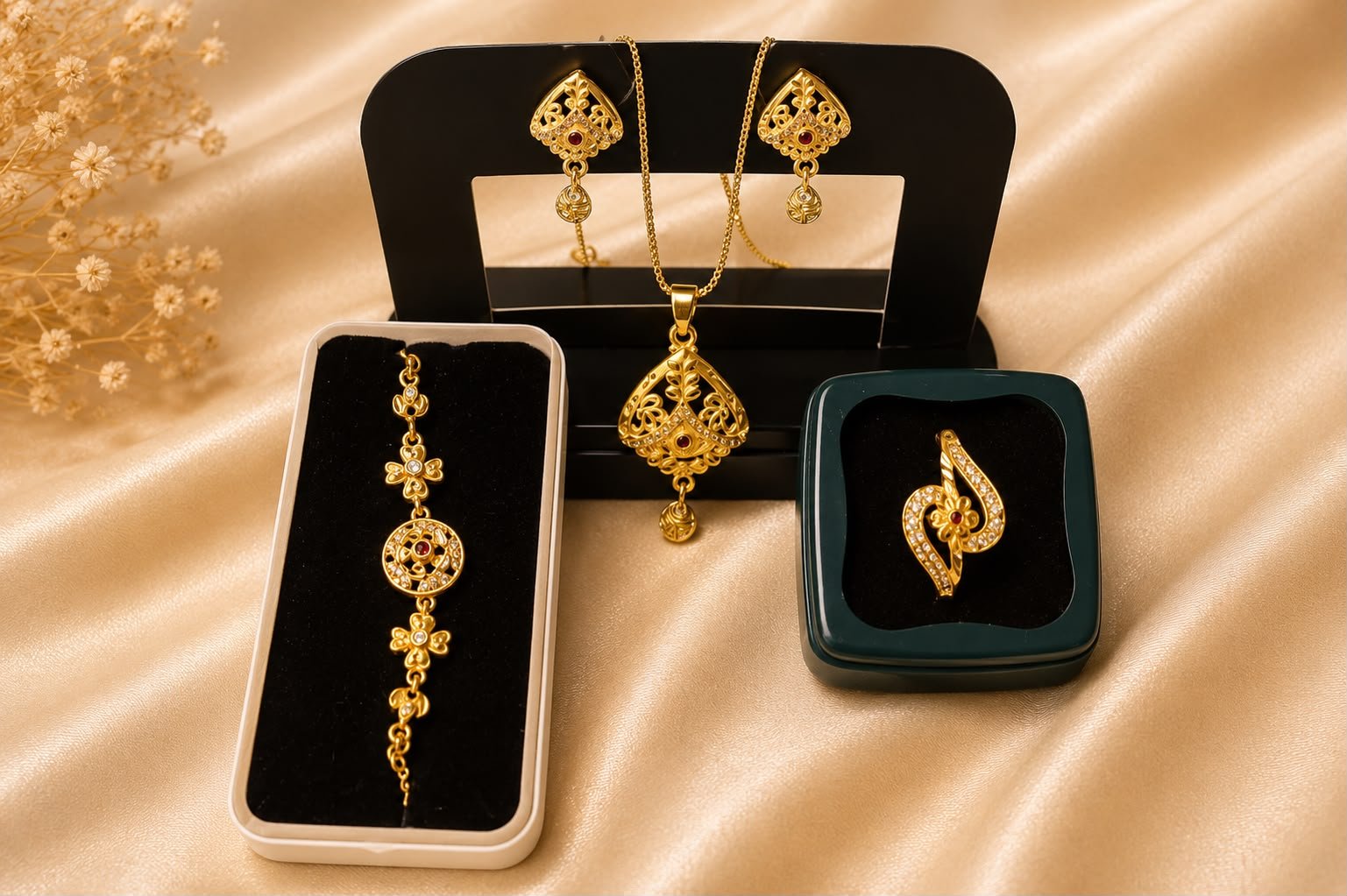 Royal Heart Gold Plated 4-in-1 Jewellery Combo Set | Pendant Set, Ring, Matching Earrigns & Designer Bracelet for Women and Girls