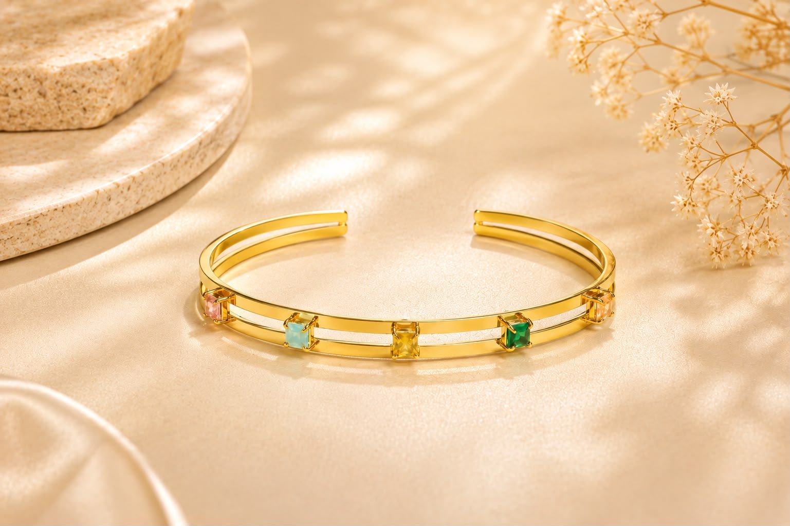 Golden Minimal Crystal Open Cuff Bracelet