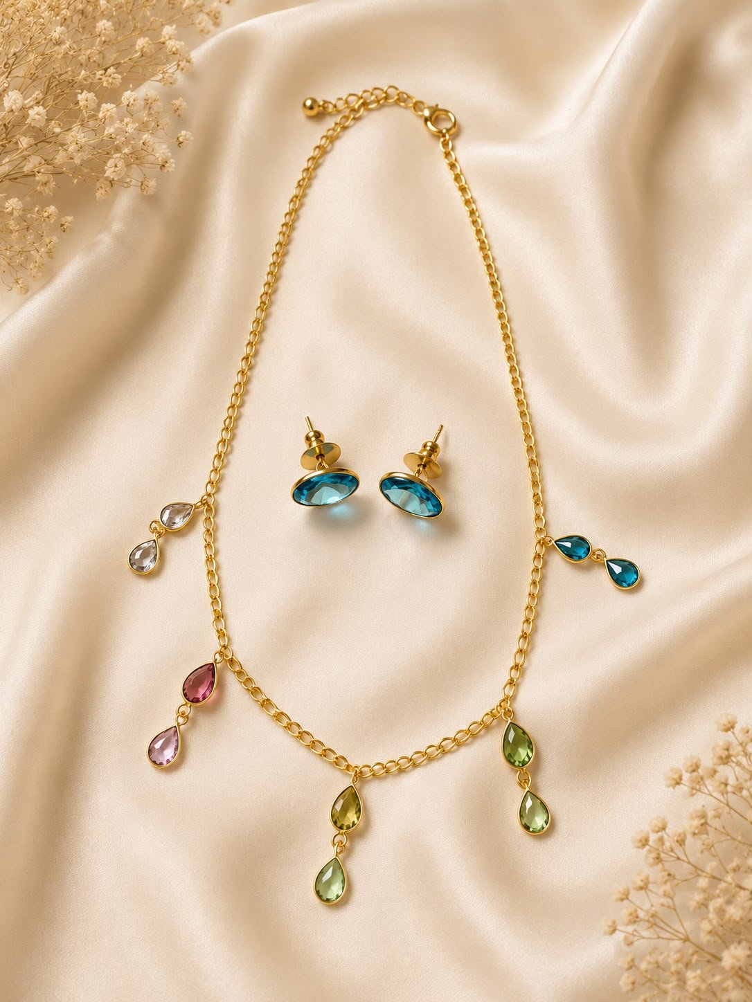 Celeste Charm Blue Crystal Gold Plated Necklace Set with Matching Stud Earrings | Elegant Minimalist Party Wear Pendant for Women and Girls