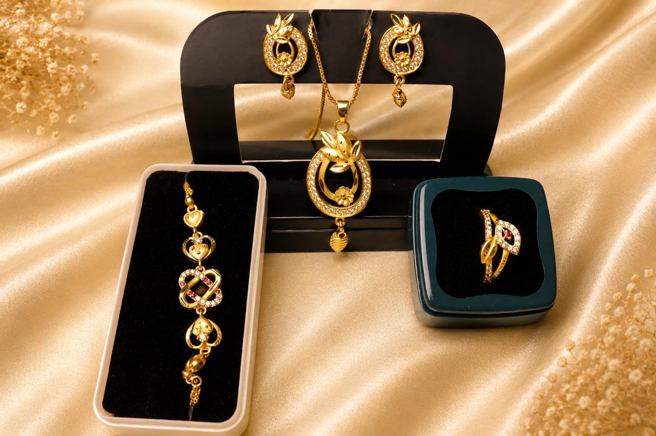 Royal Luxe Gold Plated 4-in-1 Jewellery Combo Set | Pendant Set, Ring, Matching Earrigns & Designer Bracelet for Women and Girls