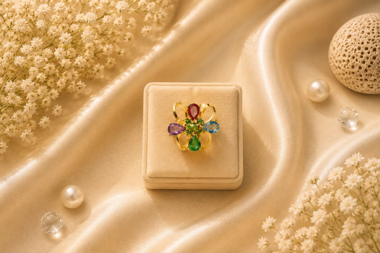 Premium Gold Plated Multicolor Crystal Flower Adjustable Ring for Women and Girls
