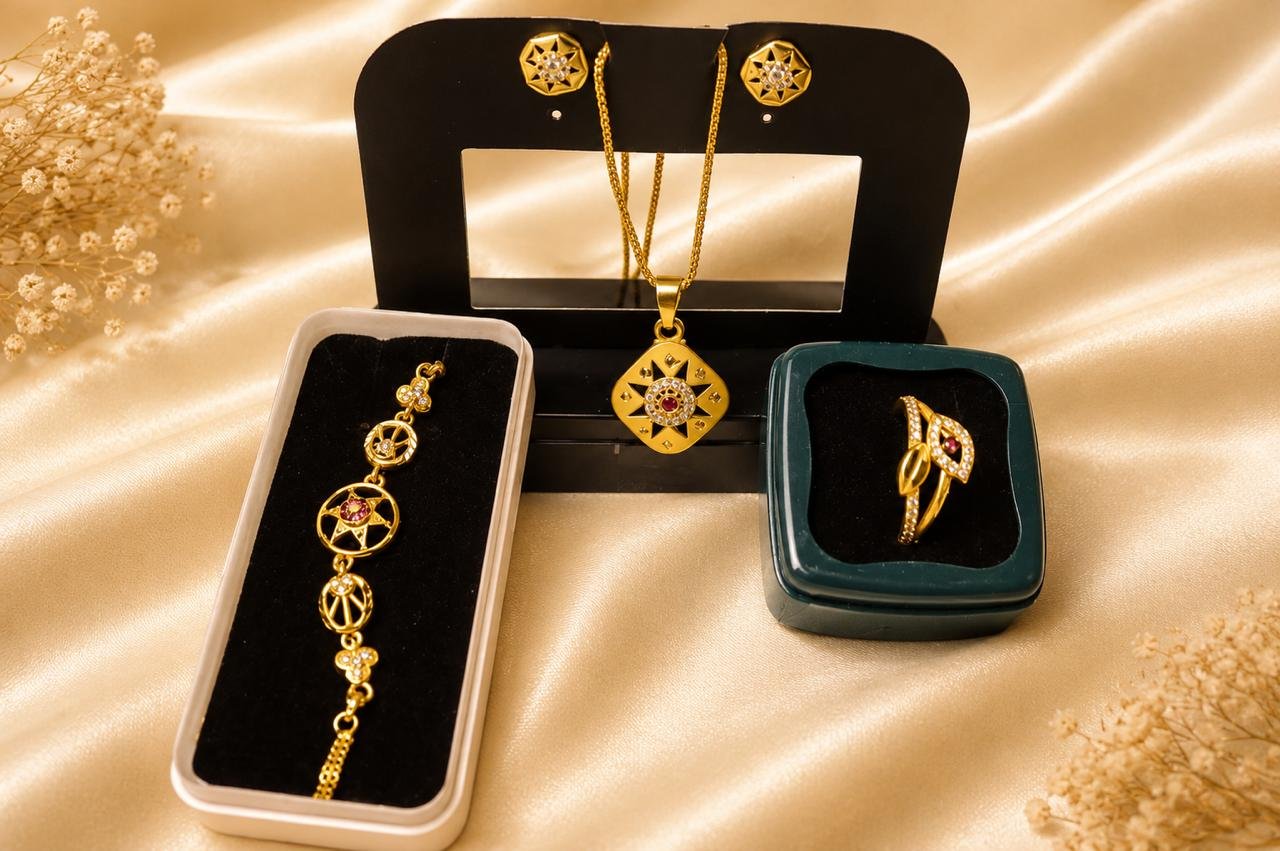 Celestial Star Gold Plated 4-in-1 Jewellery Combo Set | Pendant Set, Ring, Matching Earrings & Designer Bracelet for Women and Girls
