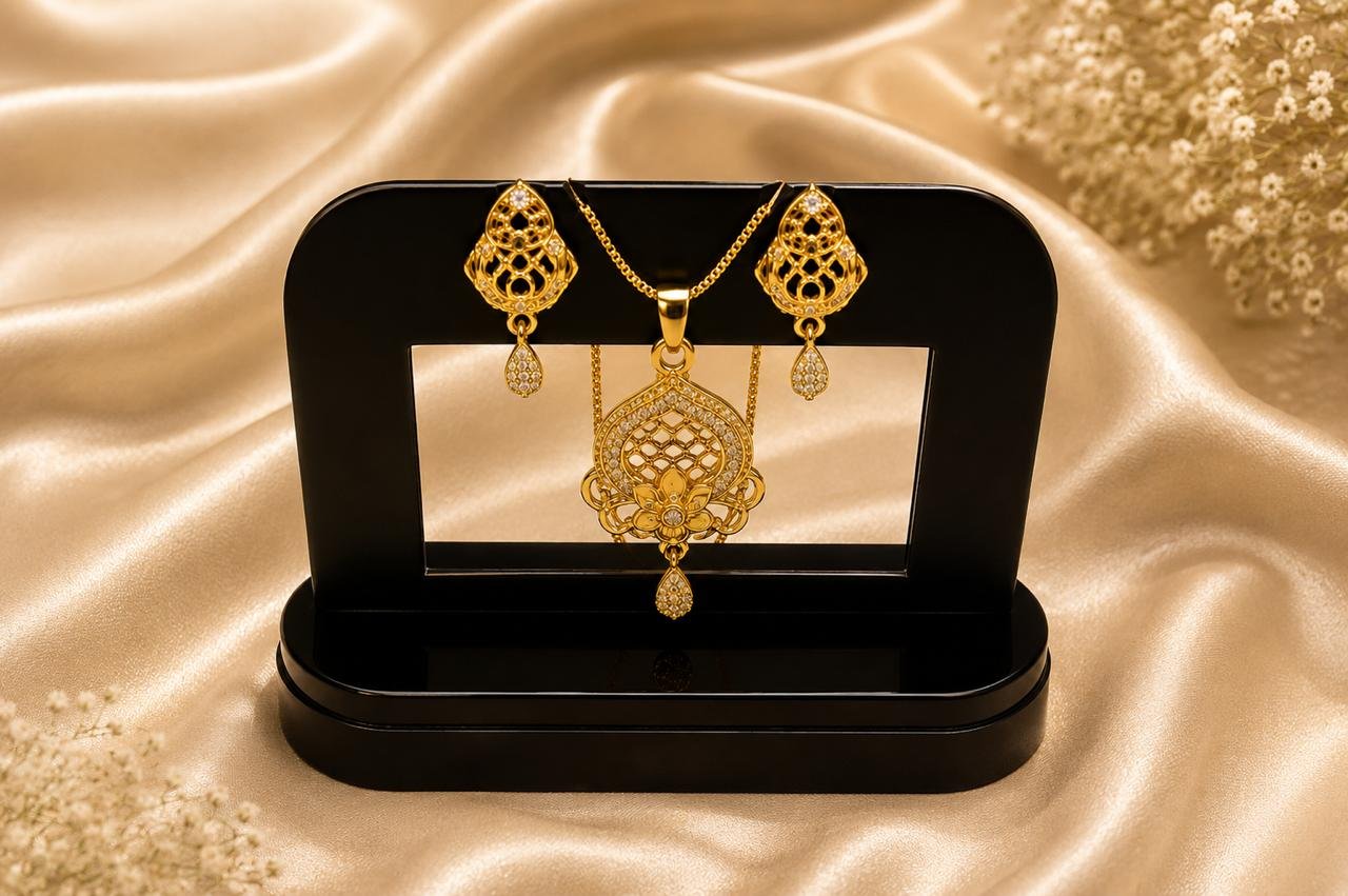 Royal Lotus Spark Gold Plated Pendant Set with Matching Earrings | CZ Stone Designer Pendant Necklace for Women and Girls