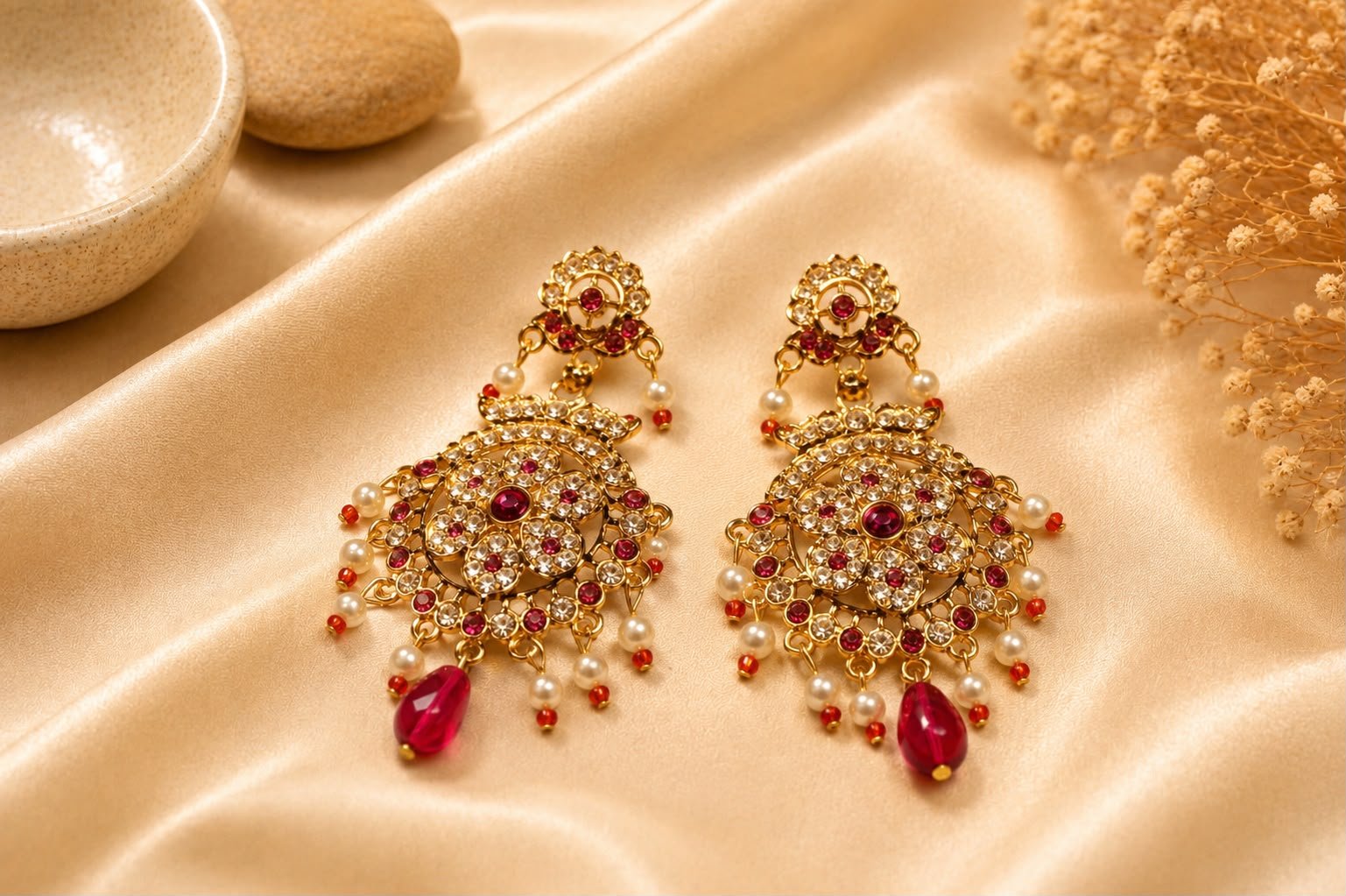 Gold-Plated Pink CZ Floral Chandbali Earrings | Pearl Drop Traditional Party Wear Earrings for Women