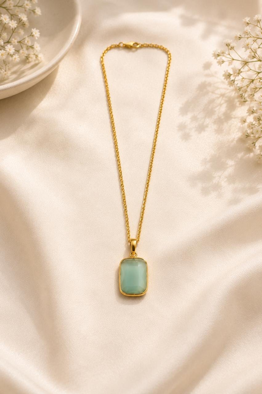 Aqua Serenity Blue Stone Gold Plated Pendant Necklace for Women | Elegant Minimalist Daily Wear Pendant