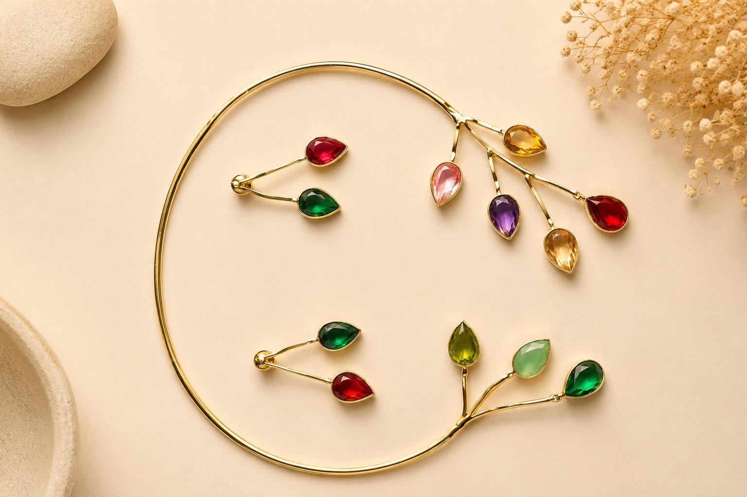 Verdant Vine Gold-Tone Multicolor Crystal Necklace Set with Earrings