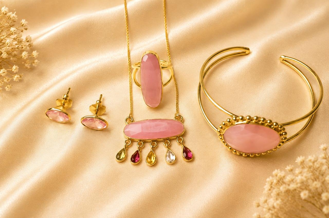 Blush Charm Gold Plated 4-in-1 Jewellery Combo Set | Pendant Necklace, Stud Earrings, Ring & Bracelet for Women