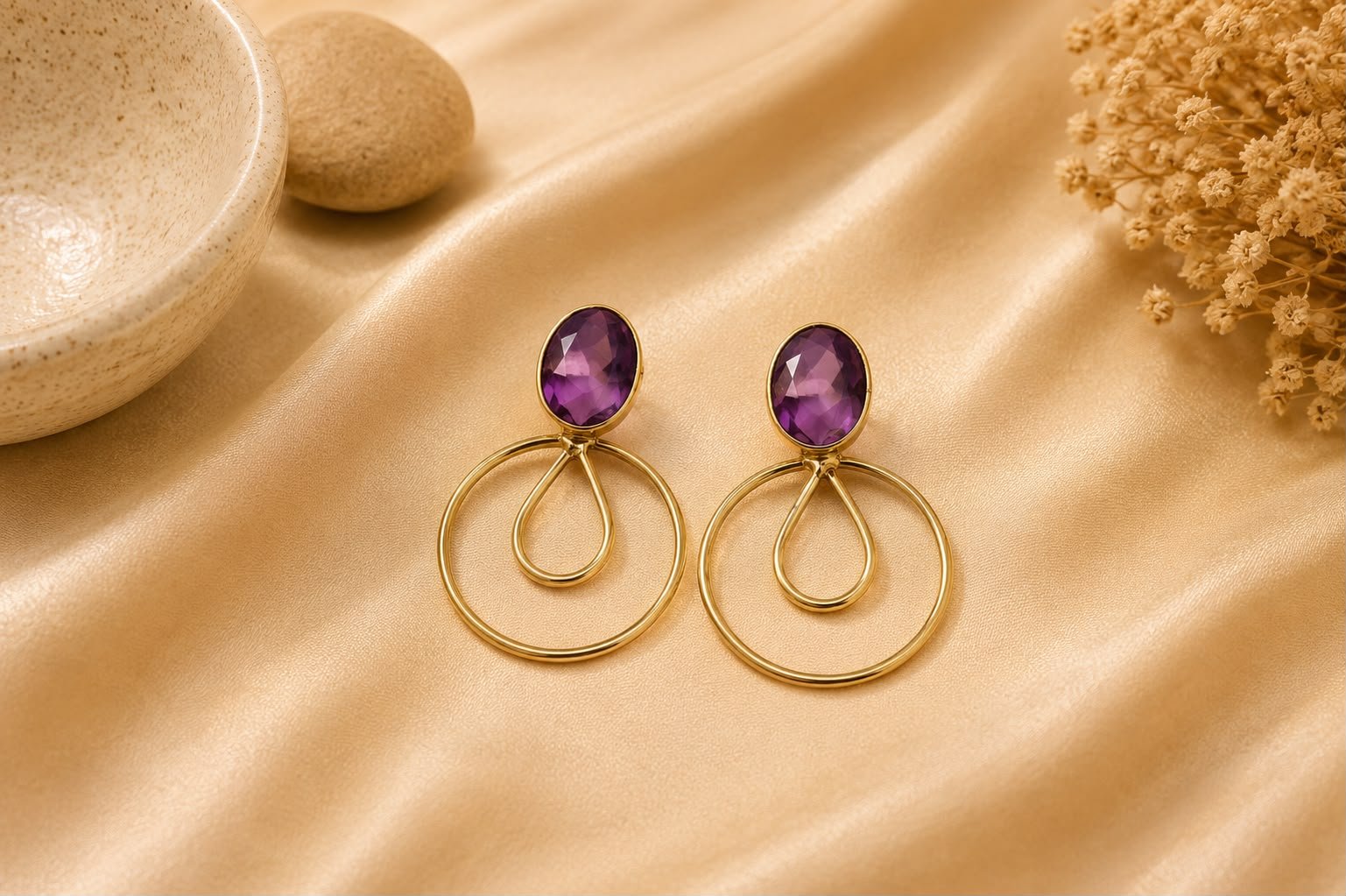 Purple Crystal Spiral Circle Drop Earrings | Modern Minimal Statement Earrings for Women & Girls