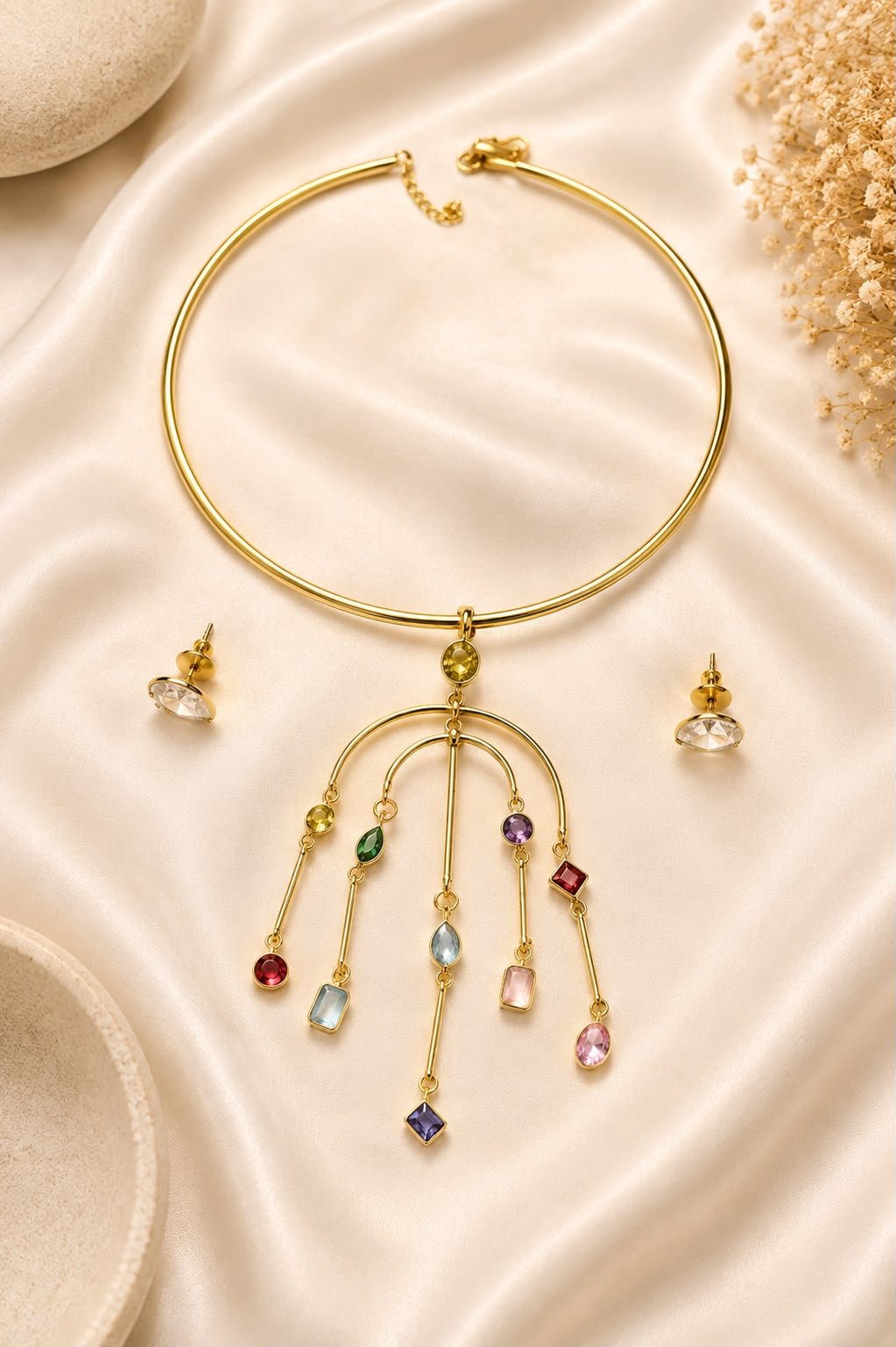 Cascade Multicolor Gold-Tone Party Wear Necklace Set with Earrings