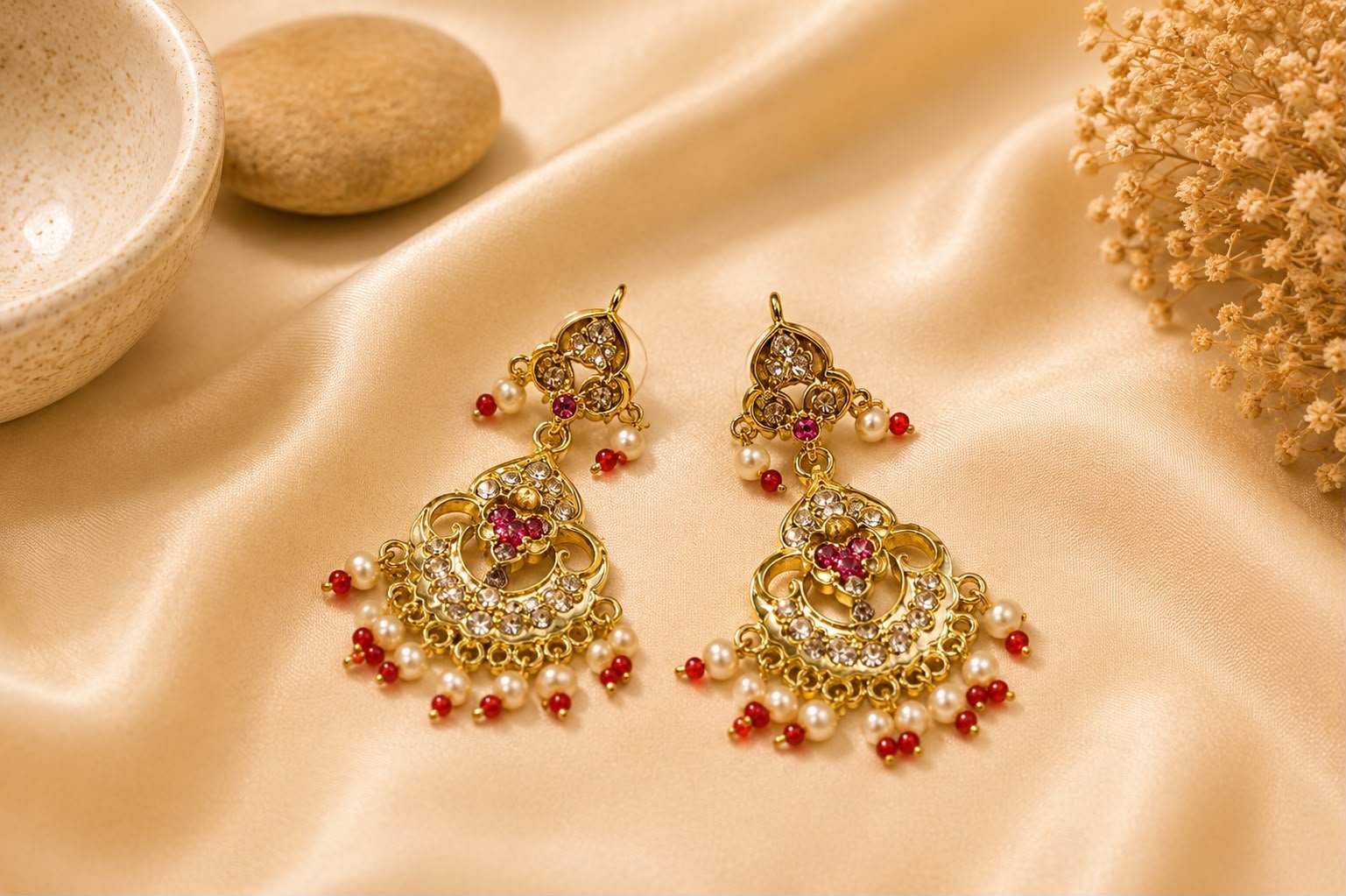 Pink Heart Pearl Drop Traditional Party Wear Earrings for Women