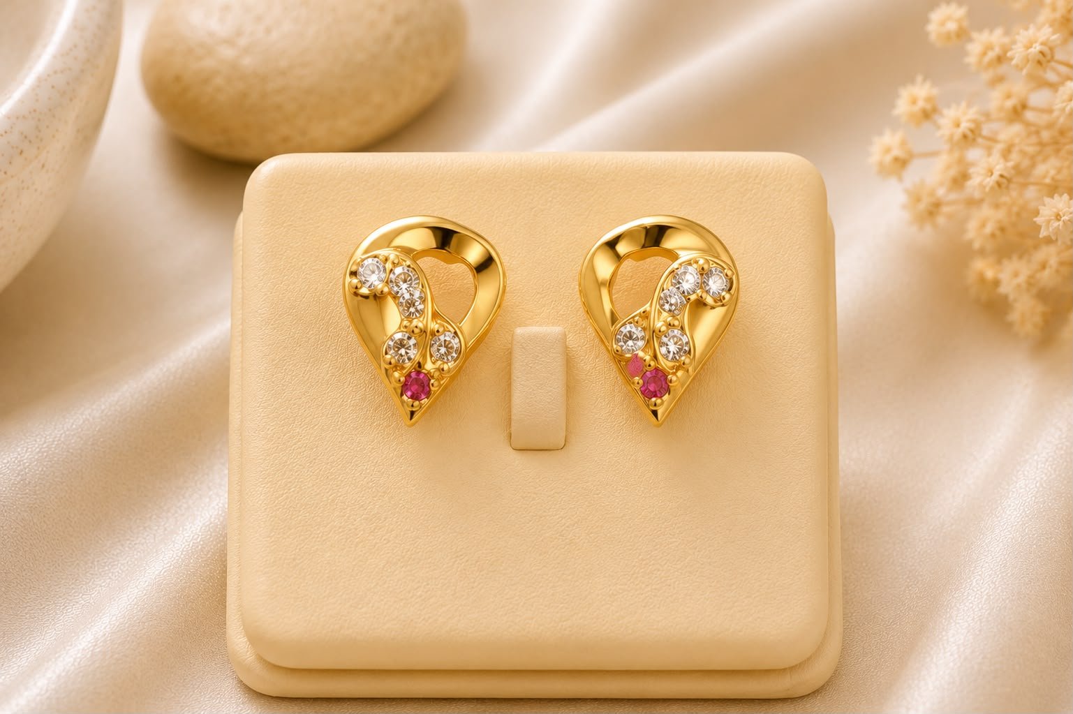 Paisley Stud Earrings | Pink Stone Designer Daily Wear Earrings for Women & Girls