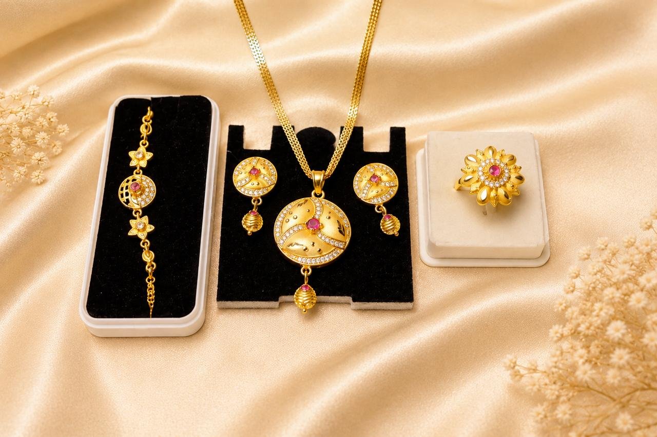 Royal Bloom Gold Plated 4-in-1 Jewellery Combo Set | Pendant Set, Floral Ring, Designer Bracelet & Earrings for Women and Girls