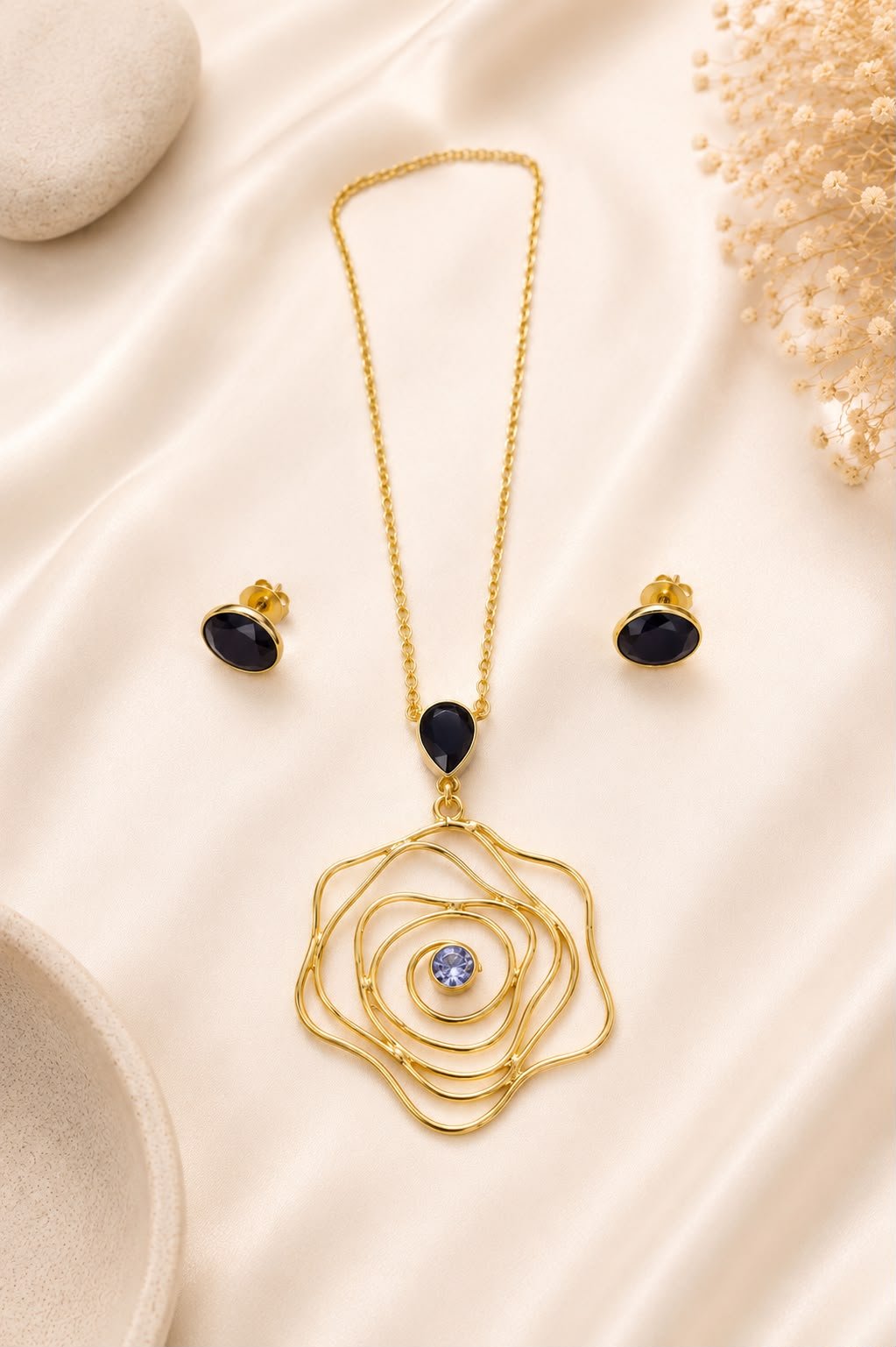 Midnight Elegance Gold-Tone Black Crystal Pendant Necklace Set