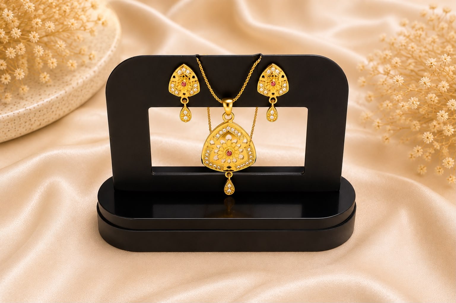Royal Floral Heritage Gold Plated Pendant Set with Matching Earrings | CZ Stone Designer Pendant Necklace for Women and Girls