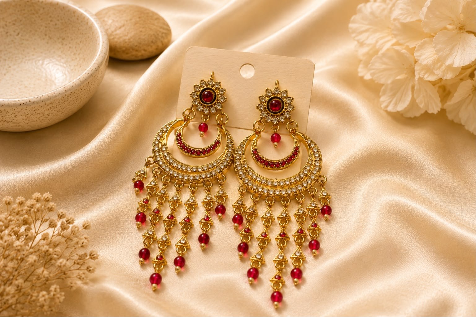 Gold-Plated Pink CZ Chandbali Earrings | Traditional Bridal Party Wear Earrings for Women