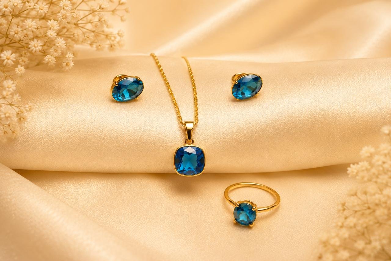 Aqua Elegance Gold Plated 3-in-1 Jewellery Combo Set | Blue Stone Pendant Set, Ring & Earrings for Women