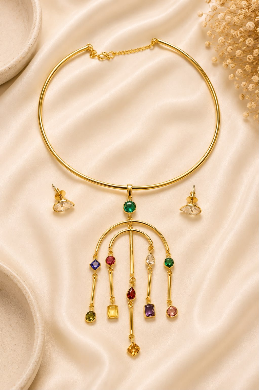 Orbit Multicolor Party Wear Necklace Set with Long Drop Earrings
