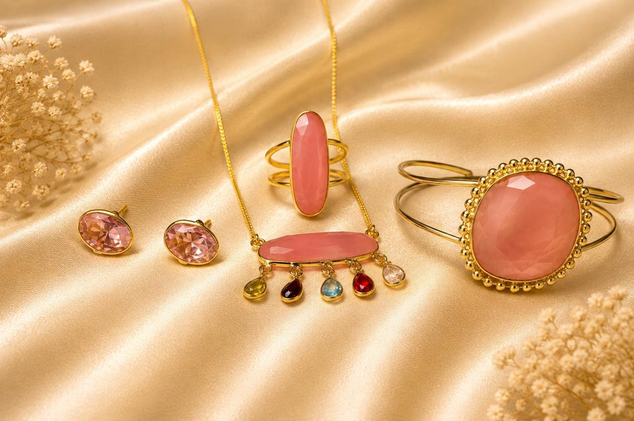 Blush Luxe Gold Plated 4-in-1 Jewellery Combo Set | Pendant Necklace, Open Cuff Bracelet, Ring & Stud Earrings for Women and Girls
