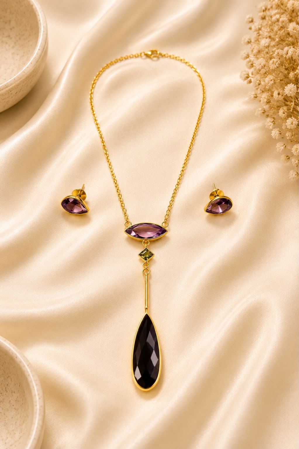 Noir Grace Gold-Tone Black Crystal Pendant Necklace Set