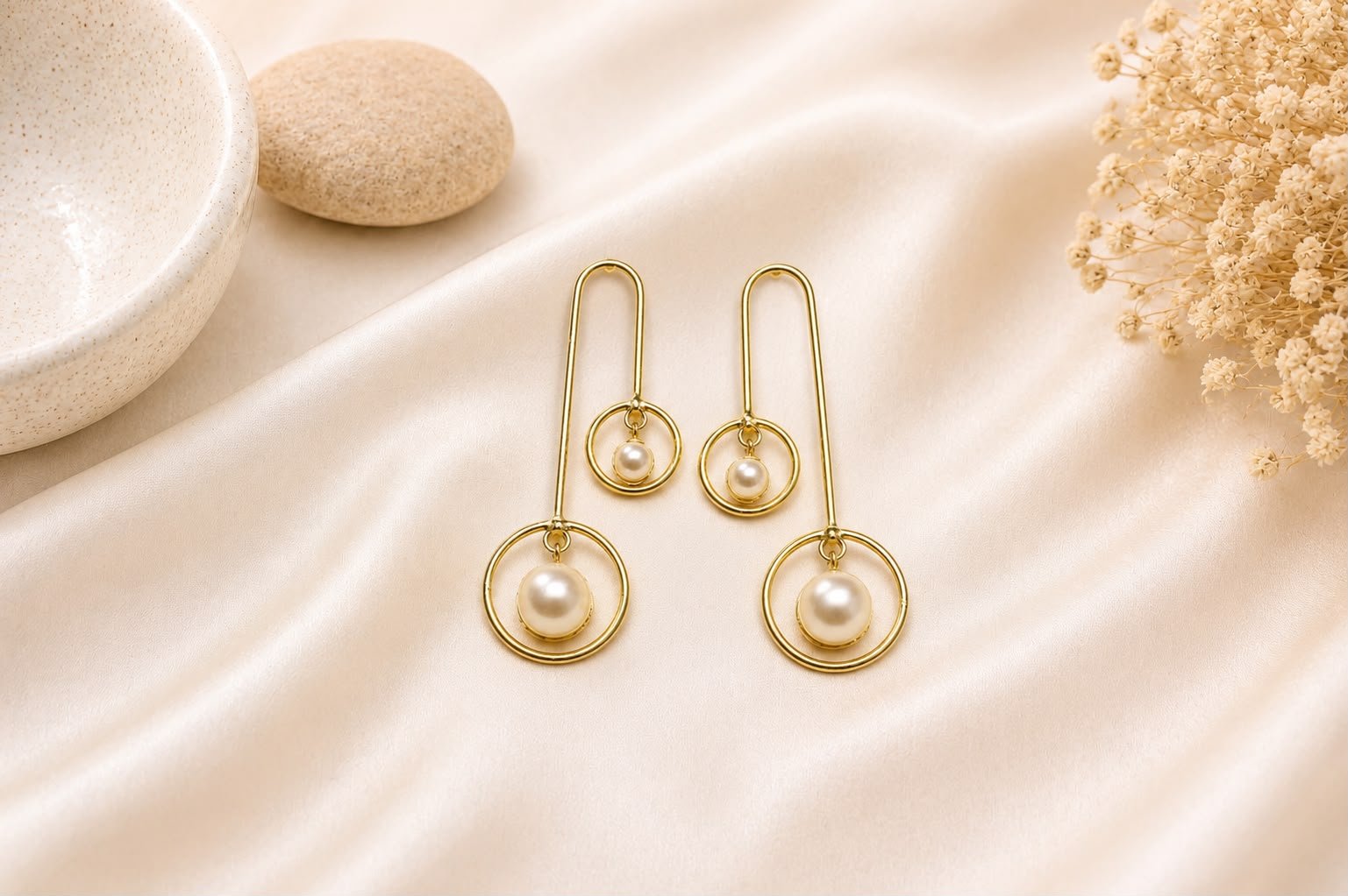 Pearl Geometric Long Drop Earrings | Minimalist Statement Earrings for Women & Girls