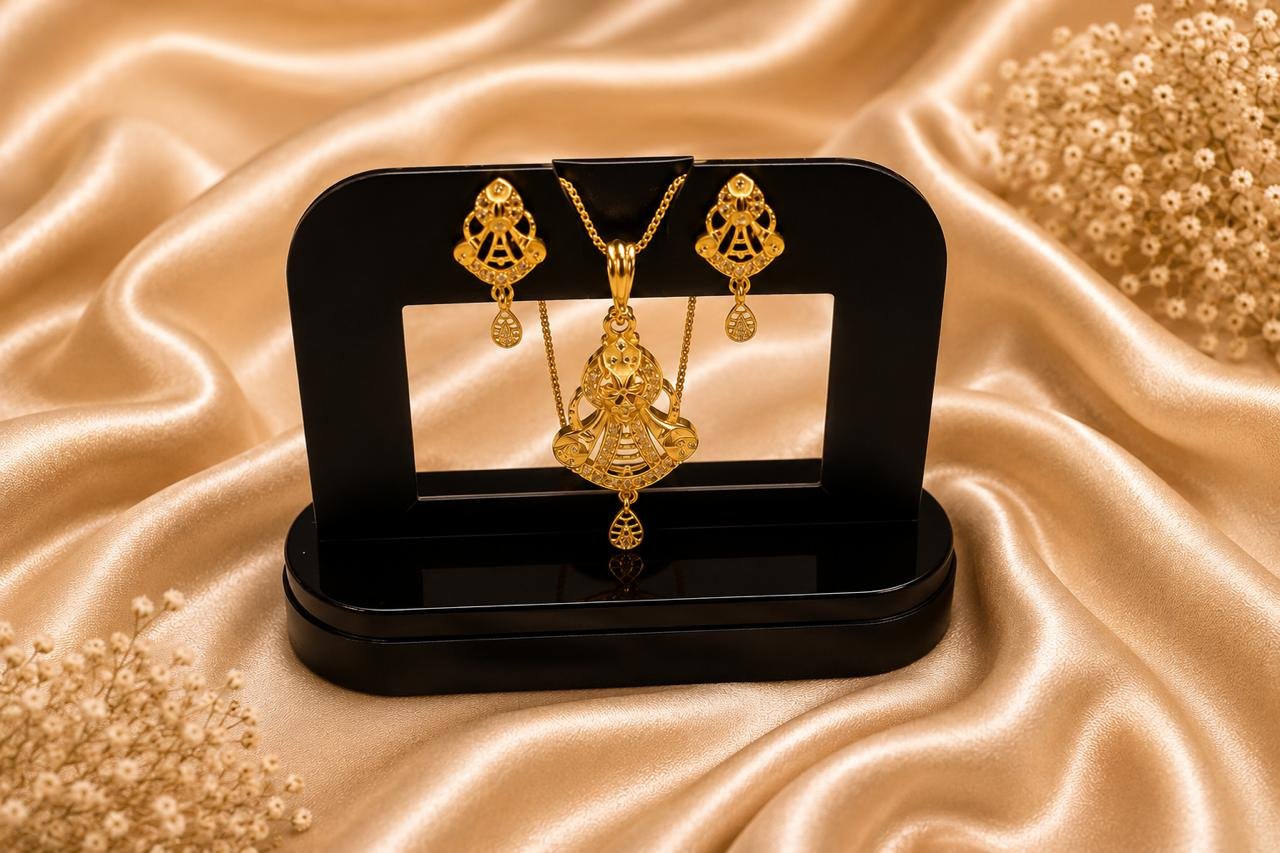 Royal Bell Gold Plated Pendant Set with Matching Earrings | Traditional CZ Pendant Necklace for Women