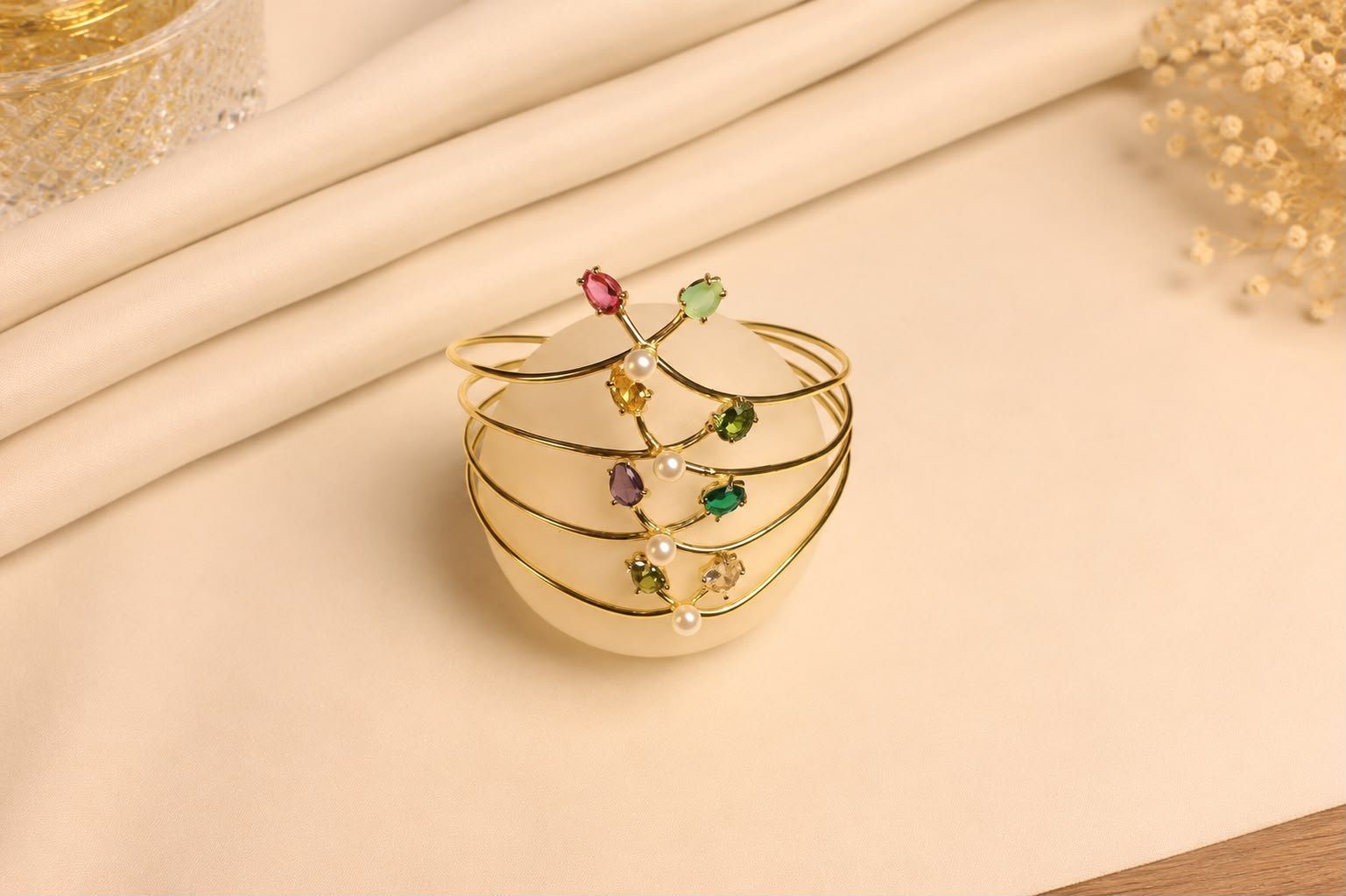 Emerald Pearl Bloom Gold-Tone Open Cuff Bracelet