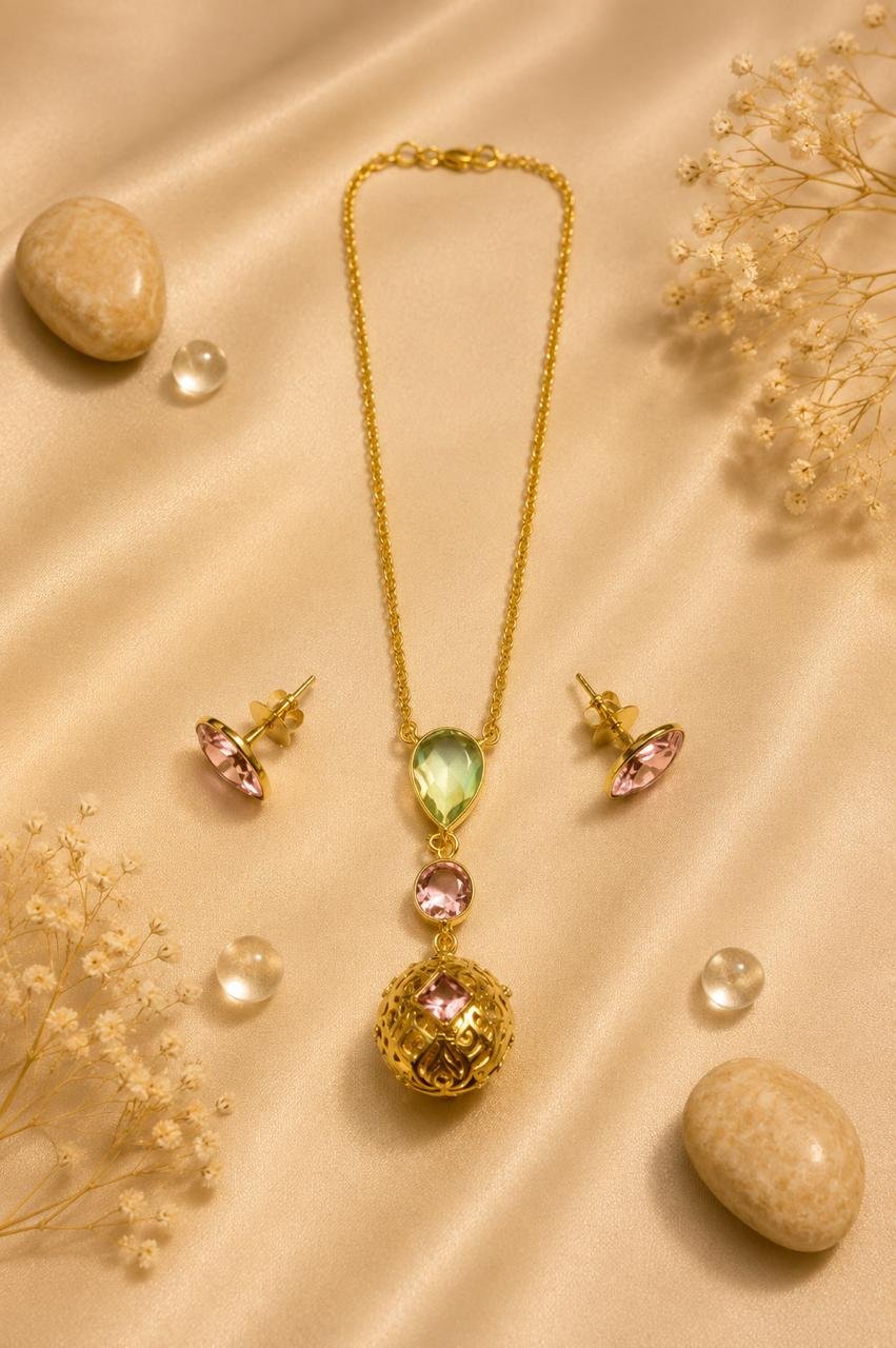 Celestial Orb Gold Plated Crystal Pendant Necklace with Matching Stud Earrings