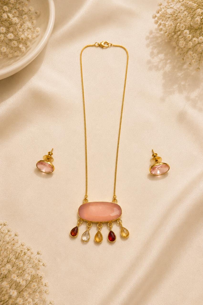 Blush Charm Gold Plated Multi-Stone Pendant Set with Matching Crystal Stud Earrings