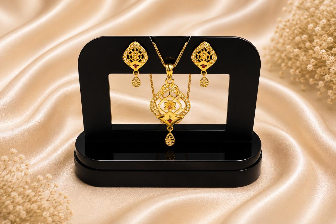 Royal Floral Halo Gold Plated Pendant Set with Matching Earrings | CZ Stone Traditional Designer Necklace for Women and Girls
