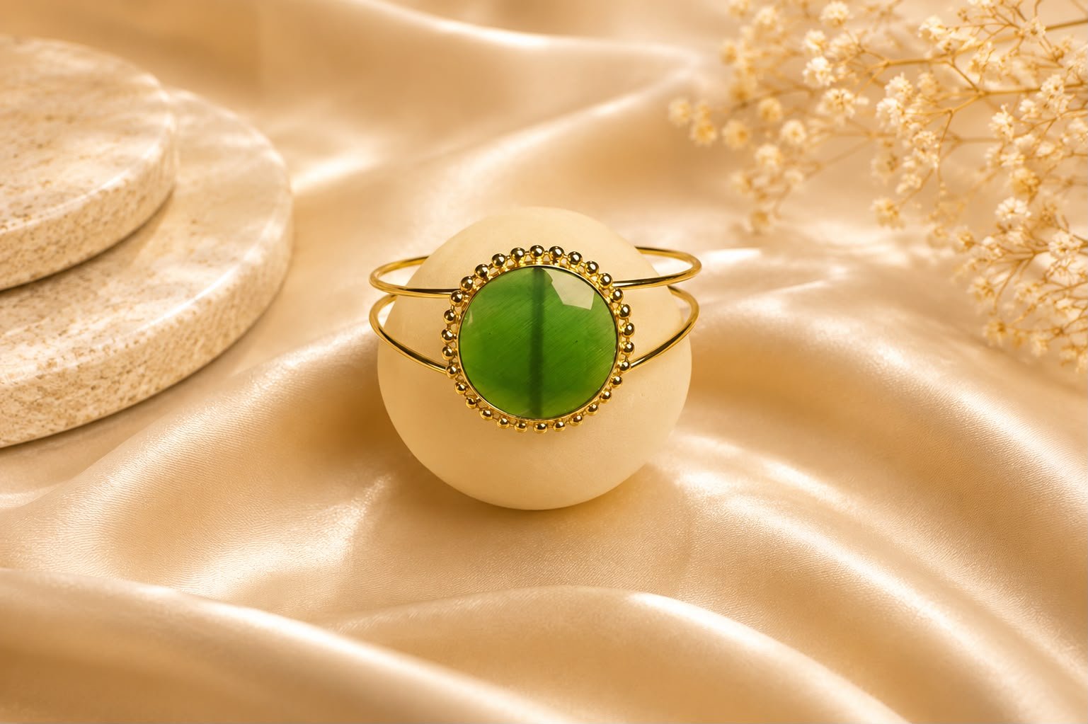 Green Oval Crystal Open Cuff Bracelet for Women and Girls