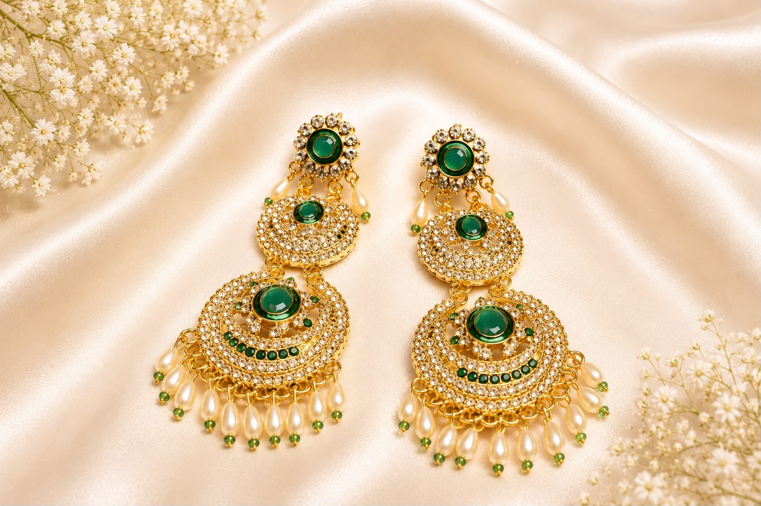 Gold-Plated Green CZ Chandbali Earrings | Pearl Drop Bridal Party Wear Earrings for Women