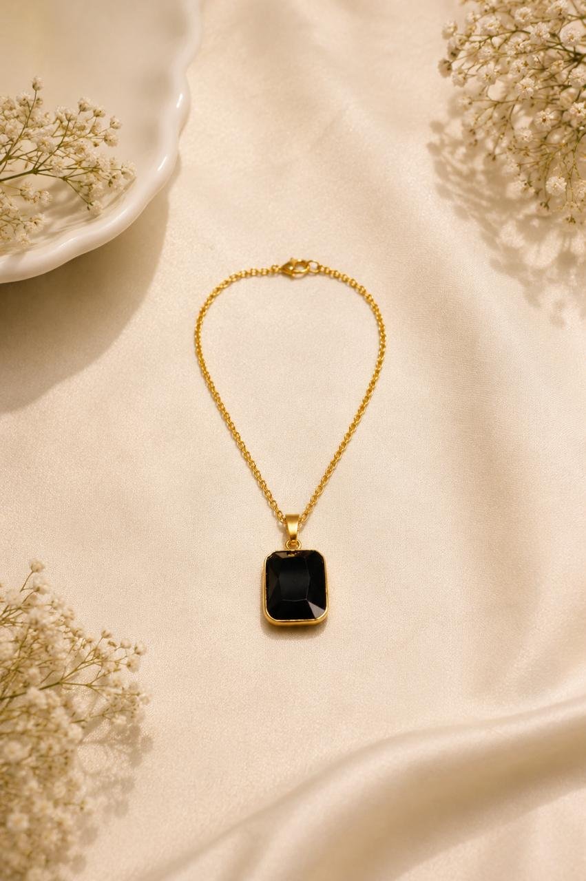 Midnight Onyx Black Stone Gold Plated Pendant Necklace for Women and Girls