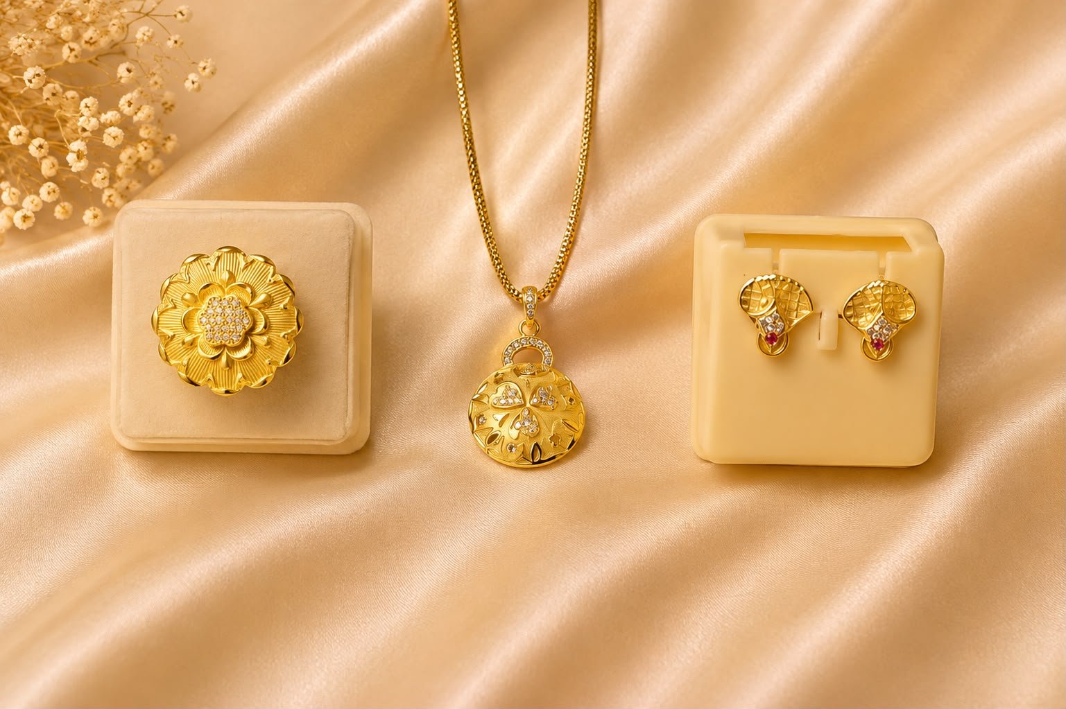Royal Floral Gold Plated Jewellery Combo Set | Flower Ring, Designer Pendant Necklace & Matching Stud Earrings for Women and Girls